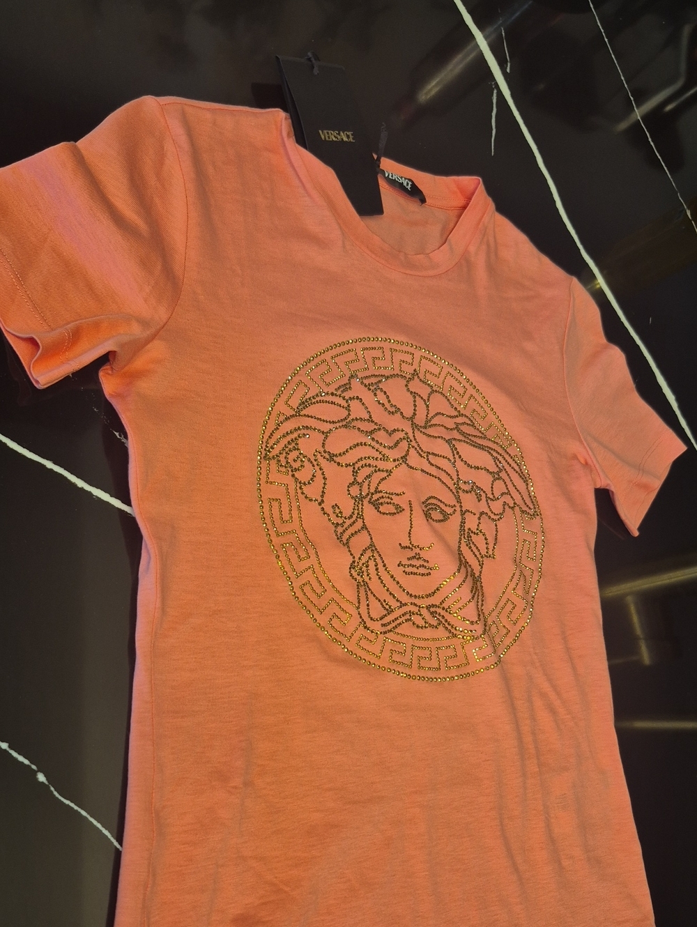 Versace Coral Short Sleeve Tee with Embellished Medusa